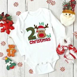 Rompers My Second Christmas Newborn Baby Long Sleeve Romper Cartoon Deer Santa Print Outfits Infant Baptism Bodysuits Clothes Xmas Gifts H240508