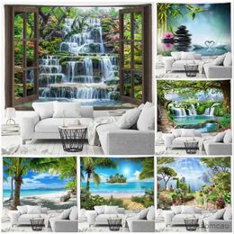 Tapestries Tropical Waterfall Landscape Tapestry Zen Green Bamboo Ocean Beach Trees Island Scenery Garden Wall Hanging Home Room Decor
