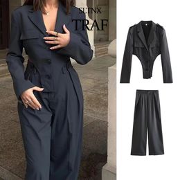 SLTNX TRAF Chic And Elegant Woman Lapel Blazer Pants 2Piece Set Style Outdoor Trend Casual Fashion Suit 240115