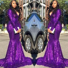 Purple V Neck Sequins Mermaid Long Prom Dresses Sparkling Long Sleeves Ruched Formal Celebrity Evening Party Gowns Plus Size BC402318G