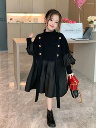 Girl Dresses Princess Clothes Winter Autumn Children Christmas Party Pleated Skirt Black Knit Dress Warm Kids Lapel Vintage Elegant Skir