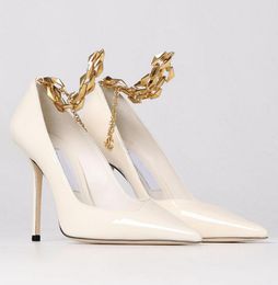 Italy Brand Diamond Talura Sandals Shoes Patent Leather Pointed Toe Party Wedding Dress Pumps with Gold Chain Lady High Heels EU35-43 With Box