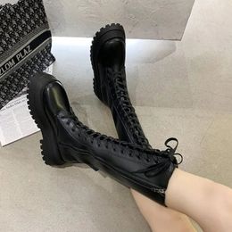 Women Motorcycle Boots Wedges Flat Shoes Woman High Heel Platform PU Leather Boots Lace Up Women Shoes Black Boots 240115