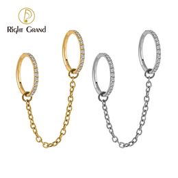 3Pcs Right Grand ASTM 36 16G Hinged Segment Hoop CZ Nose Ring Clicker Set with Chain Ear Cartilage Tragus Helix Conch 240116