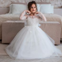 White Tulle Flower Girls' Dresses for Wedding Jewel Neck Long Sleeve A Line Kids Communion Dress Lace with Bow Tie Train Child Formal Prom Gown