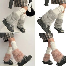 Women Socks Ribbed Knit Colorblock Long Furry Plush Patchwork Boot