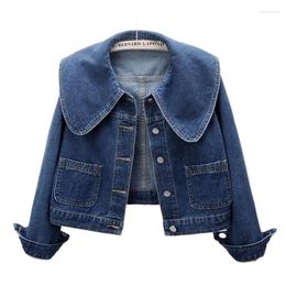 Women's Jackets Denim Jacket Women Short Sailor Collar Loose Jean Outwear