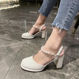 Sandals Ladies High Heels Elegant Square Toe Black Fashion Women Pumps Thick Heel Wedding Party Pearl Lace Shoes For