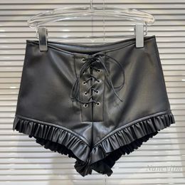 Women's Shorts 2024 Winter Lady Sexy Black Leather Pleated Lace Edge Drawstring Strap PU Short Boot Pants Y2k Cloth