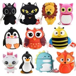 USB Flash Drives Cute Cartoon Animal Penguin Cat Owl 64GB USB Flash Drive 8GB 16GB 32GB Lion Pendrive USB 2.0 Memory Stick Dinosaur Pen Drive