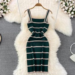 Casual Dresses Women's Autumn Sexy Striped Suspender Dress Slim Fit And Short Knitted Bottoming Bag Hip