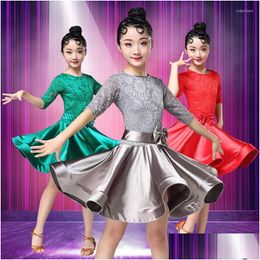 Stage Wear Latin Dance Dress For Girls Long Sleeve Lace Standard Ballroom Dancing Dresses Kids Performance Salsa Clothes Drop Deliver Dhmca