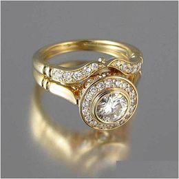 Wedding Rings Luxury Female Wedding Ring Set Vintage Crystal 18Kt Yellow Gold Color Stackable Promise Engagement Rings For Women 541 Dhklk