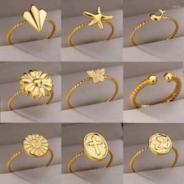 Cluster Rings Flower Stainless Steel For Women Girls Bead Open Free Size Finger Ring Aesthetic Wedding Jewellery Birthday Gifts 2024