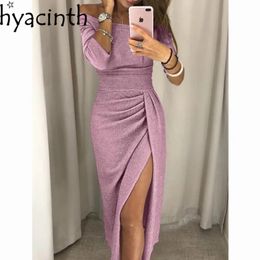 Women's Off Shoulder Long Sleeve Bodycon Evening Party Long Dress Asymmetrical Split Pencil Dresses S M L XL XXL 240115