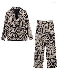 Women's Two Piece Pants XEASY Women Zebra Stripe Pieces Sets Casual Print Blazer Straight Long Suit 2024 Fashion Elegant Female 2pcs Set