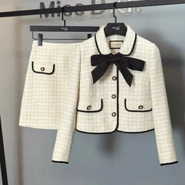 Women Tweed White Suit Jacket Coat Top And Skirt Elegant Two Piece Set Matching Outfit Winter Jacquard Fashion Clothing 240115