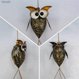 Garden Decorations New Cute Owl Wind Chimes Hanging Lights Solar Led Light Outdoor Hollowed Out Night Light Outdoors Garden Decoration YQ240116