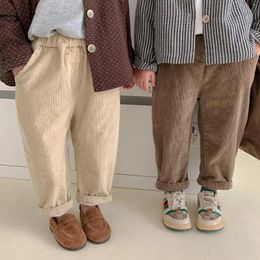 Trousers 2024 Spring Autumn Boy Children Loose Corduroy Pants Girl Baby Solid Retro Pockets Casual Kid Fashion Cotton