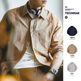 Maden Casual Light Silhouette Shirts for Men Pleated Oversized Long Sleeve Cargo Shirt Jackets Vintage Solid Colour Top Plus Size 240115