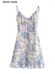 Casual Dresses Retro French Style Summer Blue White Floral Swallow Print Ruched Bandage Strap Mini Dress Sexy Ruffles Hem Lacing Up Sling