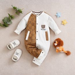 Cute cartoon teddy bear print cotton for boys and girls in spring and autumn comfortable and casual long sleeved baby tight fitting clothes 240116