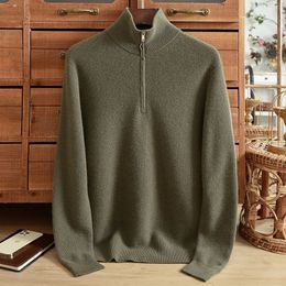 Pure Cashmere Sweater Men's High Neck Zipper Pullover Solid Colour Knitted Polo Collar Winter Thickened Warm Large Sweater 240116