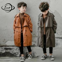 6-16y Kids Trench Coat Spring Autumn Boys Jacket Overcoat Long Sleeve Turn-Down Collar Children Windbreaker Top Clothes Hy79 240116