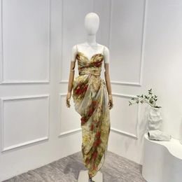 Casual Dresses 2024 Top Quality Silk Linen Asymmetrical Hem Mini Dress Collection Sleeveless Women Clothes