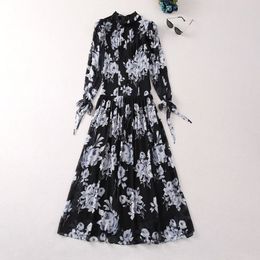 2024 Spring Black Floral Print Ribbon Tie Bowknot Dress Long Sleeve Stand Collar Long Maxi Casual Dresses A4J121440