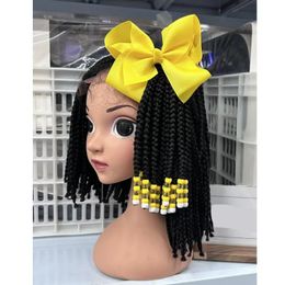 custom 5inch 8inch sengel twist kids braids elastic ponytails with Colourful crochet beads with Bow Tie wholesale 240116