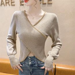 Women's Sweaters 2024 Fall Winter Korean Clothes Knitted Sweater Chic Sexy V-Neck Cross Crop Top Shiny Beading Women Long Sleeve Tops 41055