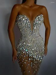 Casual Dresses Women Luxury Sexy Strapless Backless Beading Diamonds Silver Mini Gowns Dress Elegant Evening Party Club