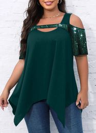 Plus Size Summer Fashion Sequin Tshirt Top Women Casual Loose Sexy Off Shoulder Short Sleeved Irregular 240116