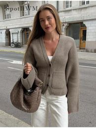 Women Solid V Neck Single Breasted Pocket Cardigan Long Sleeve Ruched Quilted Spliced Knitted Jumper Fashion High Street Sweater 240115