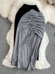 Skirts OHRYIYIE Slim Knitted Skirt Women Korean Fashion Lace-up Female High Waist Midi Long Split Black Grey