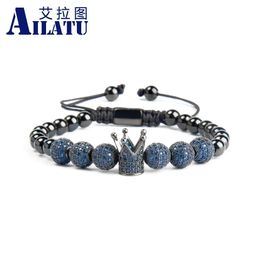 Bracelets Luxury Roman Royal CZ Crown Charm Bracelet Stainless Steel Beads Engrave Words Men Fashion Braided Adjustable Jewelry Gift