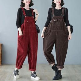 Winter Corduroy Rompers Womens Jumpsuit Loose Streetwear Straps Overalls Wide Leg Big Size Dungarees Suspender Baggy Cargo Pants 240115