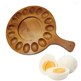 Kitchen Storage Deviled Egg Tray Wood Round Platter With Handle 16 Holes Serving Container Reversible Board For Plate Cheese Nuts