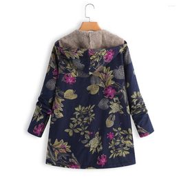 Women's Jackets Retro Winter Fleece For Women Ladies Warm Hooded Coats Long Sleeve Tops Dark Blue/White Flower/Orange Flower Choices