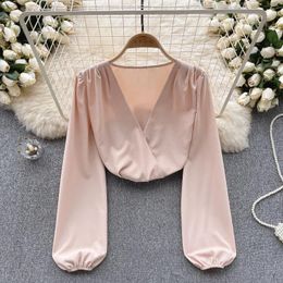 Women's Blouses Vintage Long Puff Sleeve V Neck Blouse OL Office Shirt Elegant Woman Crop Top Korean Style Almighty Blusas Drop