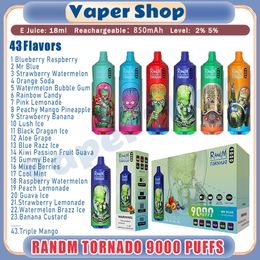 100% Original RandM Tornado 9000 Puff E Cigarettes 18ml Pre-filled Pod 850mAh Battery 40 Flavours 2% 5% Disposable Vape Pen Puffs 9 kit