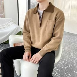 Knitted Sweaters for Men Zipper Spliced Man Clothes Pullovers With Pockets Brown Polo Zip-up Heated Korean Autumn A S 240116