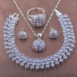 Necklace Earrings Set Purple Crystal Women's 925 Sterling Silver Bracelet And Ring Wedding Gift YZ0549