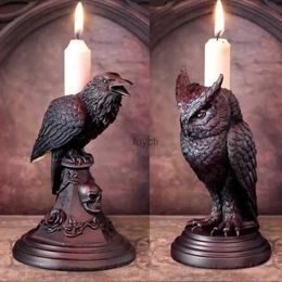 Candle Holders Halloween Gothic Crow Candlestick Ornaments Resin Room Decor Antique Owl Figurines Decoration Statue Home Decoration Accessories YQ240116