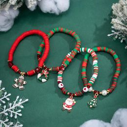 Charm Bracelets Personality Cute Cartoon Santa Claus Snowman Holly Tree Pendant Polymer Clay Red Beads Bracelet Manual Jewellery Xmas Bijoux
