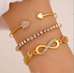 Fashionable Crystal Love Open Bracelet Creative Matching Retro Infinite 8-shaped Bracelet Set 3pcs/set