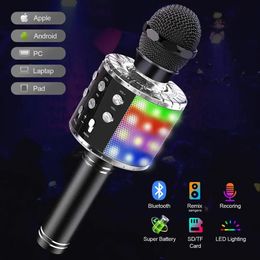 Microphones Wireless Karaoke Microphone 4 in 1 Bluetooth Microphone for Kids With Led Lights Speaker Record Remix Function