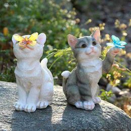 Garden Decorations Resin Animal Solar Lights Cat Ornament Garden Patio Decoration 1pcs Glowing Lawn Art Statue Crafts for Room Office YQ240116