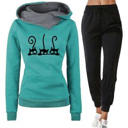 Arrival Women's Cute Cat Hooded Outfits Hoodies and Jogger Pants High Quality Ladies Daily Casual Sports Jogging Suit 240115